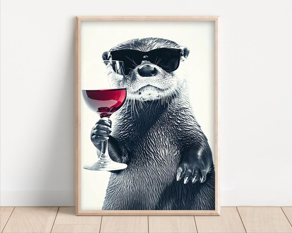 Otter Drinking Red Wine Funny Kitchen Wall Art Home Bar Decor Funny Animal Print Photo Funny Wine Lover Art Print Ai Art
