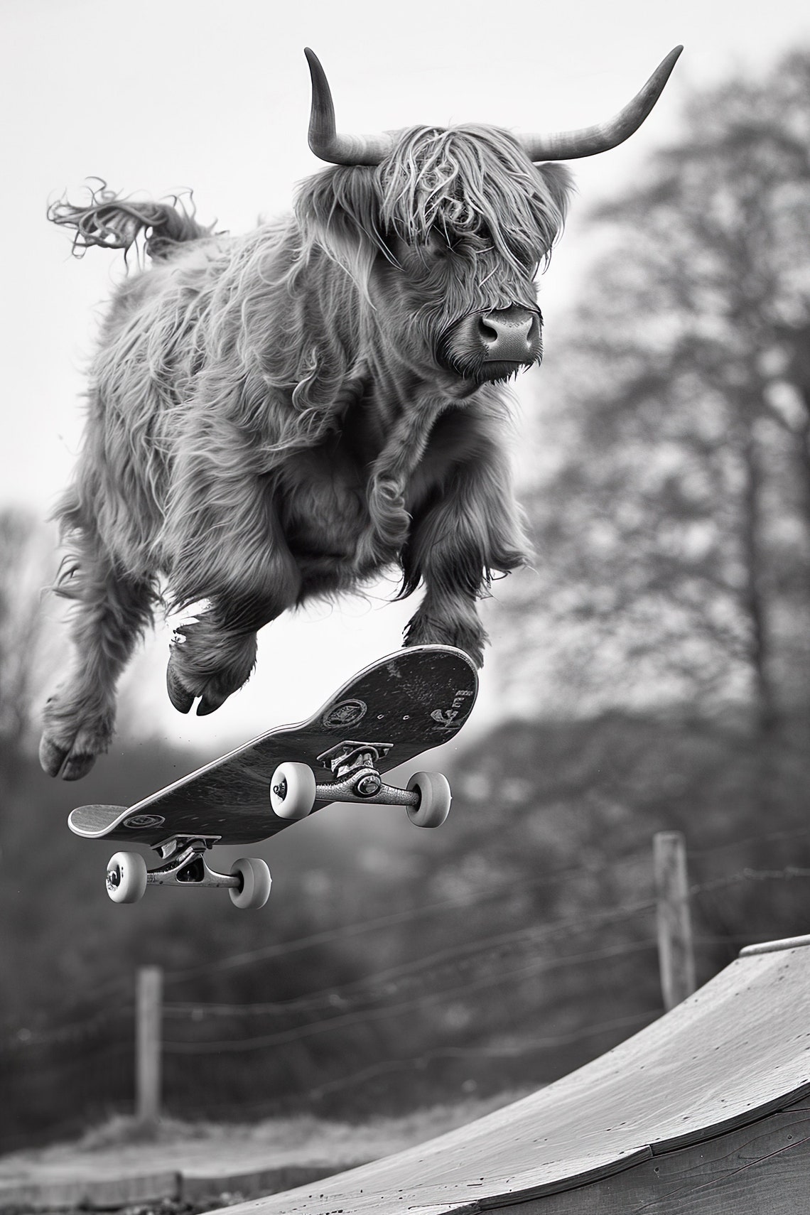 Funny Highland Cow Jumping Skateboard Black And White Photo Print