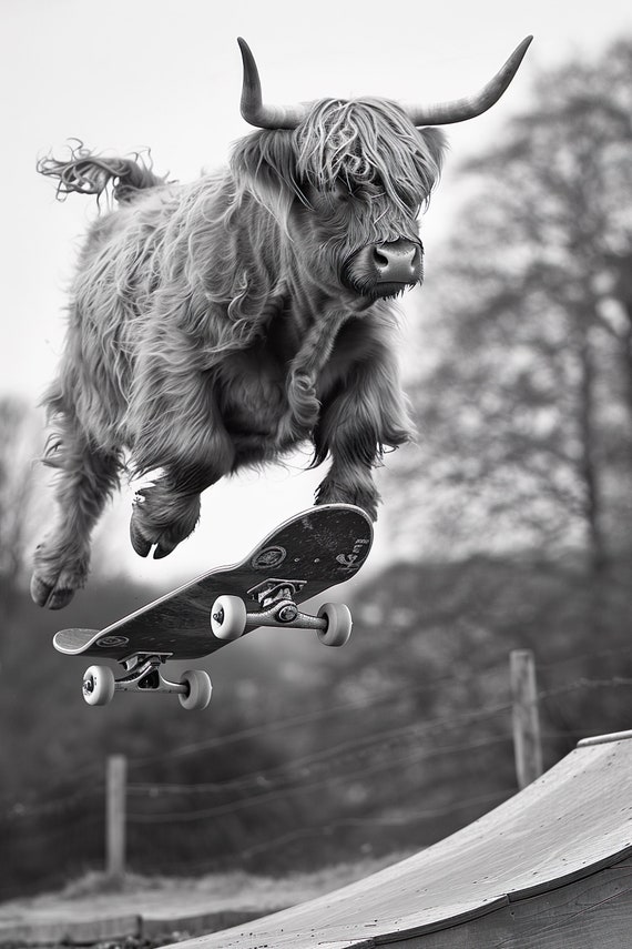 Highland Cow Skateboarding Funny Animal Wall Art Cow On Skateboard Funny Cow Photo Print Animal Photography Home Ai Art