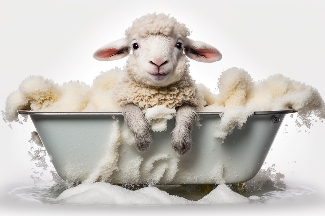 Cute Baby Lamb in the Bathtub, Funny Bathroom Print