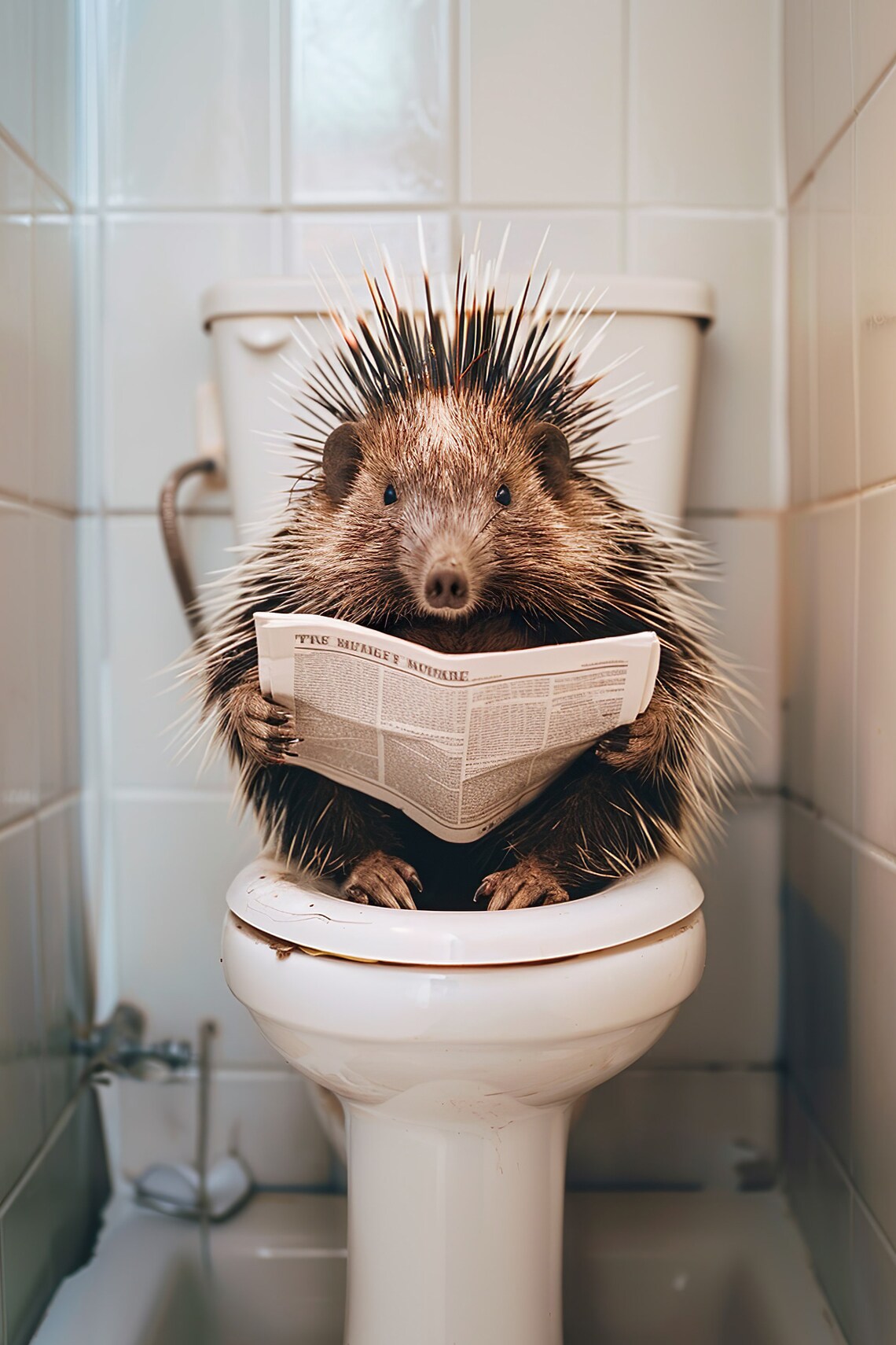 Funny Porcupine On Toilet Holding Newspaper Reading Front View Poster