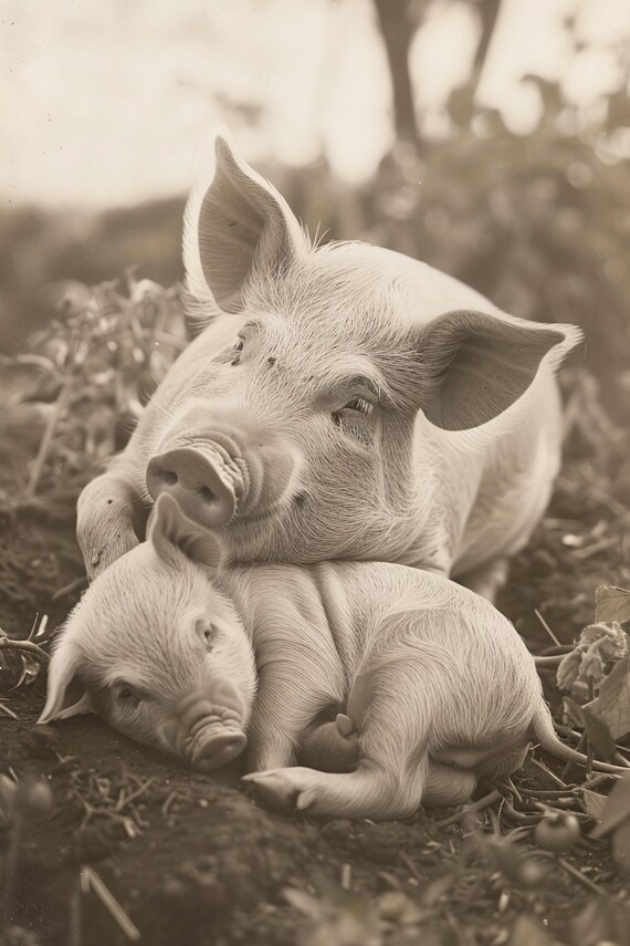 Pig Mother and Sleeping Piglet Vintage Farm Poster for Nursery Decor