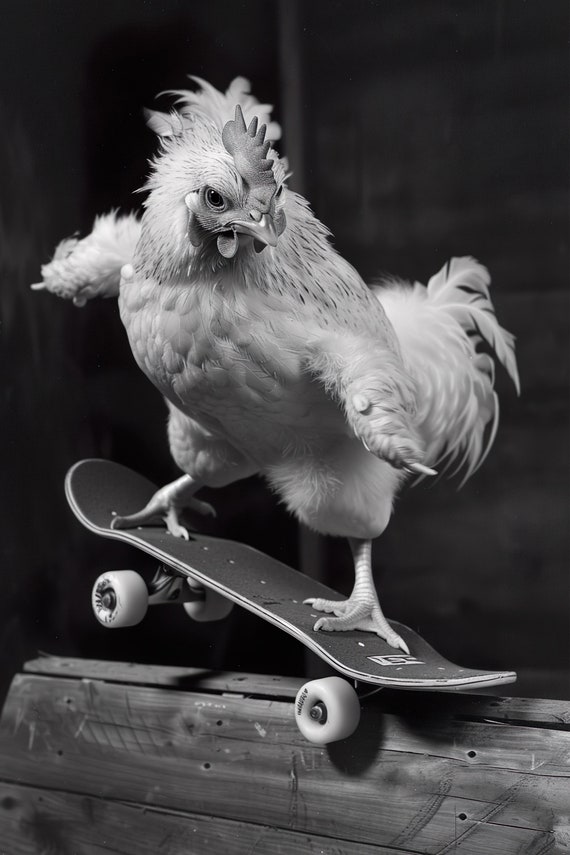Chicken Skateboarding Funny Animal Wall Art Chicken On Skateboard Vintage Chicken Photo Black White Photography Ai Art