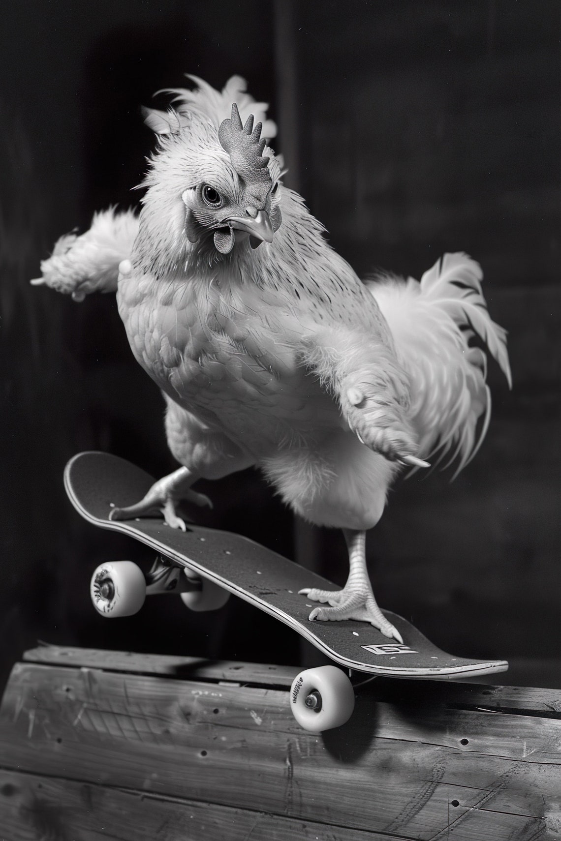 Funny Chicken Riding Skateboard Black And White Vintage Photo Print