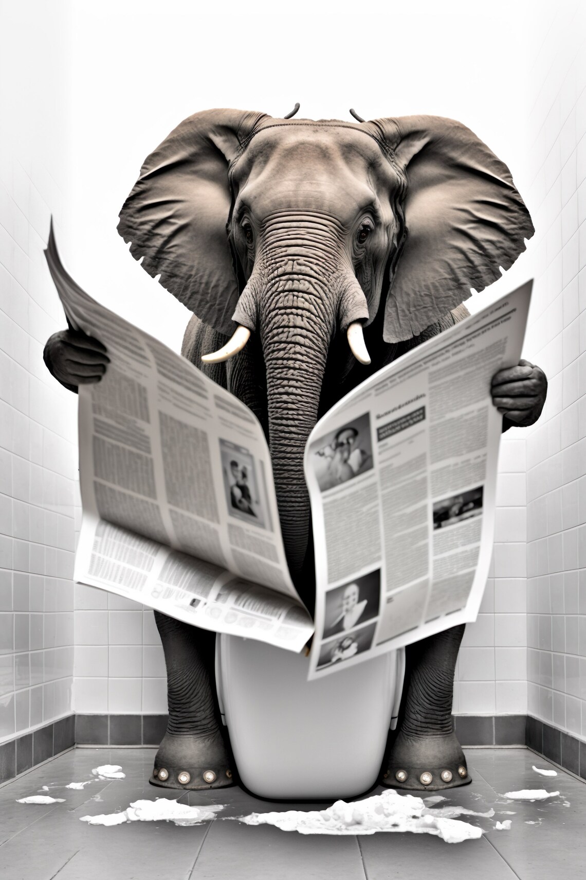 Elephant Reading on the Toilet, Funny Bathroom Decor