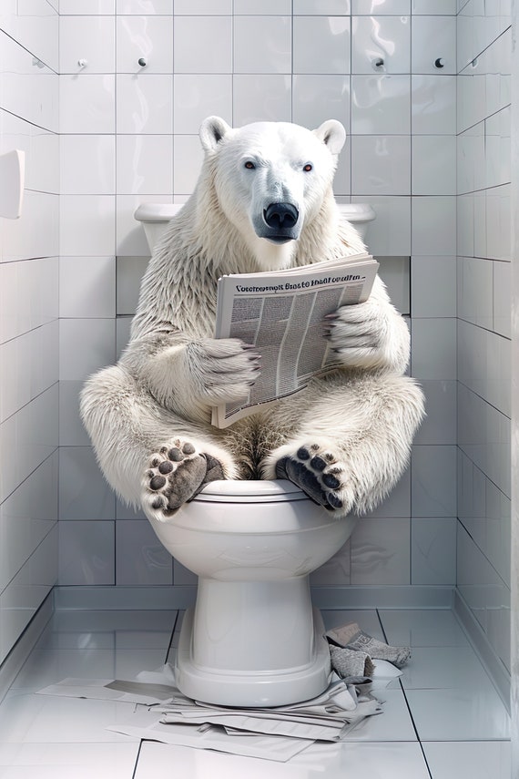Polar Bear Sitting On The Toilet Reading A Newspaper Funny Bathroom Humor Wall Decor Funny Animal Print Home Ai Art Prints