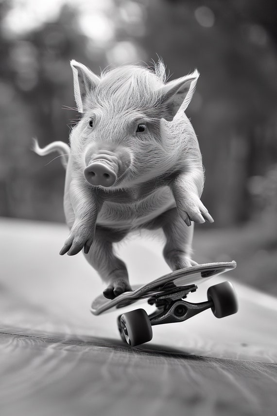 Pig Skateboarding Funny Animal Wall Art Pig On Skateboard Funny Pig Photo Print Funny Animal Photography Home Ai Created