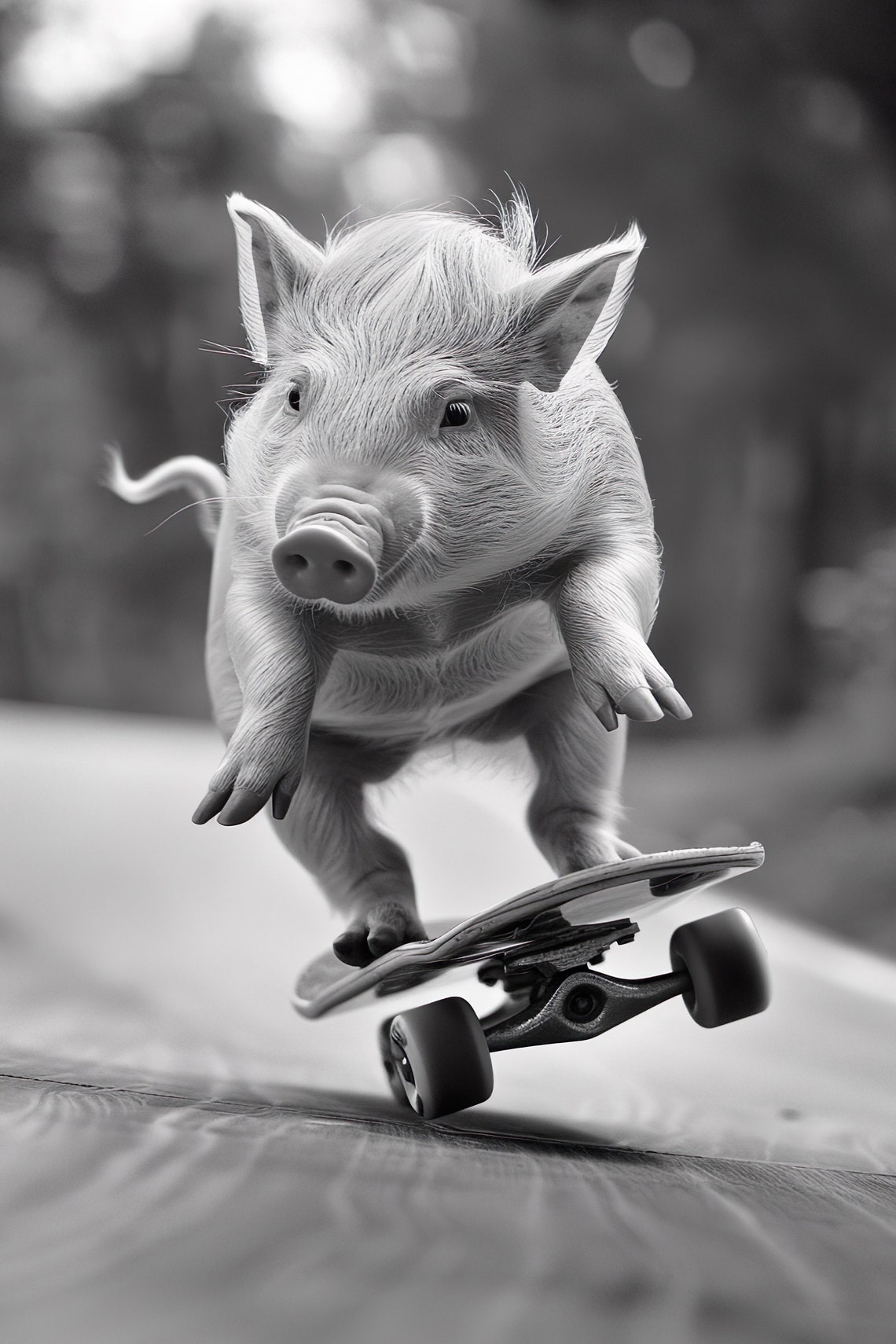 Skateboarding Pig Funny Black and White Photo Style Wall Art