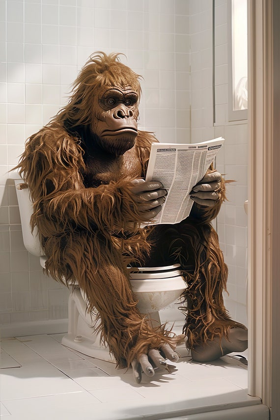 Sasquatch Sitting On The Toilet Reading A Newspaper Funny Bigfoot Print Funny Bathroom Mythical Creature Wall Art Ai Art