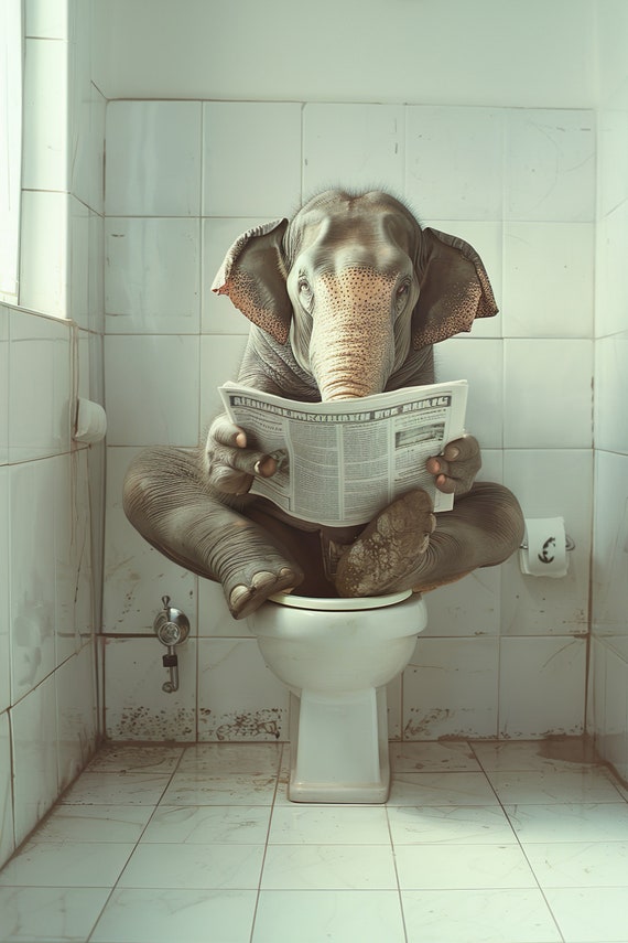 Elephant Sitting On The Toilet Reading A Newspaper Funny Bathroom Humor Wall Decor Funny Animal Print Home Ai Prints