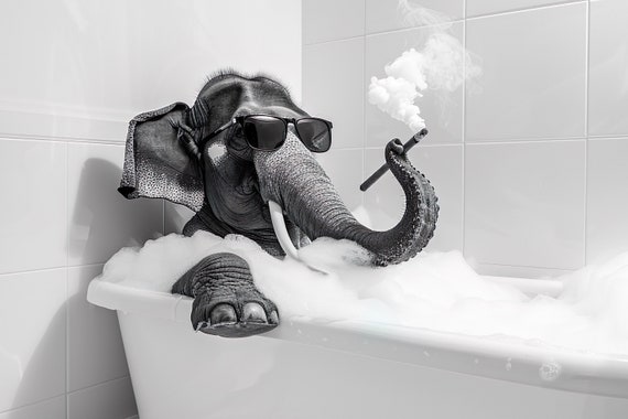 Cool Elephant In Bathtub Smoking A Cigar Funny Bathroom Wall Art Vintage Style Animal Photo Elephant Taking A Bath Ai Art