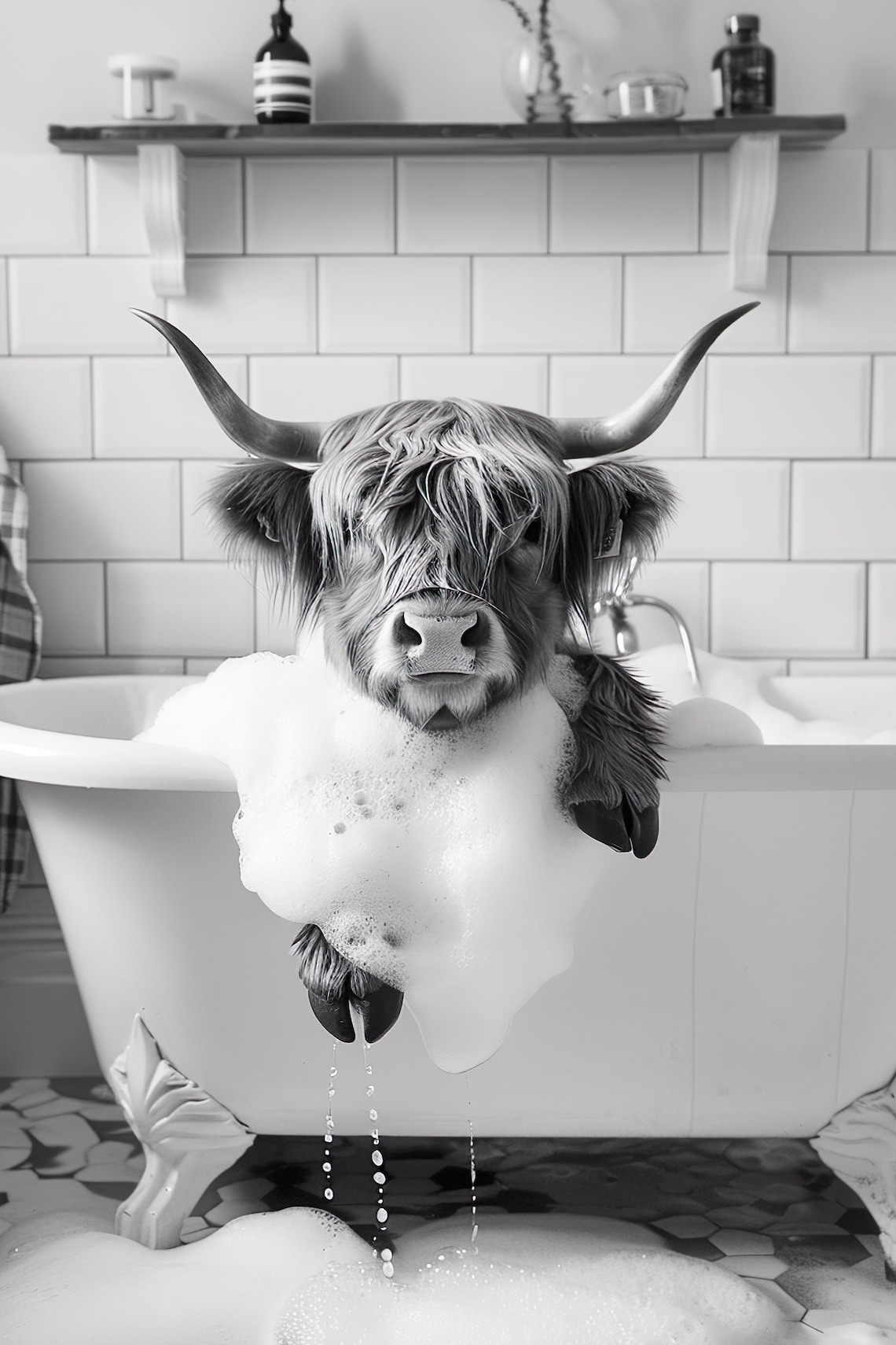 Highland Cow In The Bathtub, Funny Bathroom Art Print
