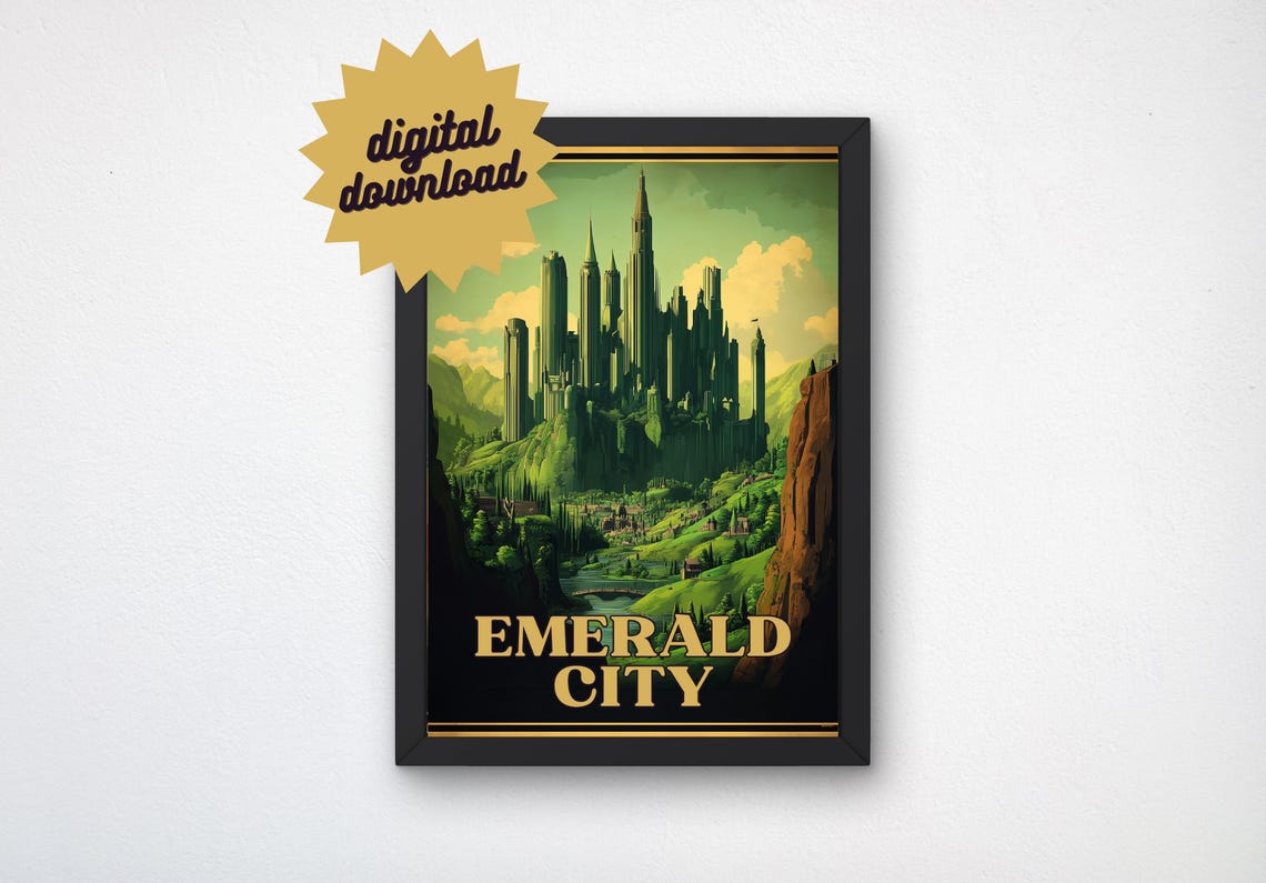 Emerald City Oz Cliffside Green Spires Valley View Travel Poster