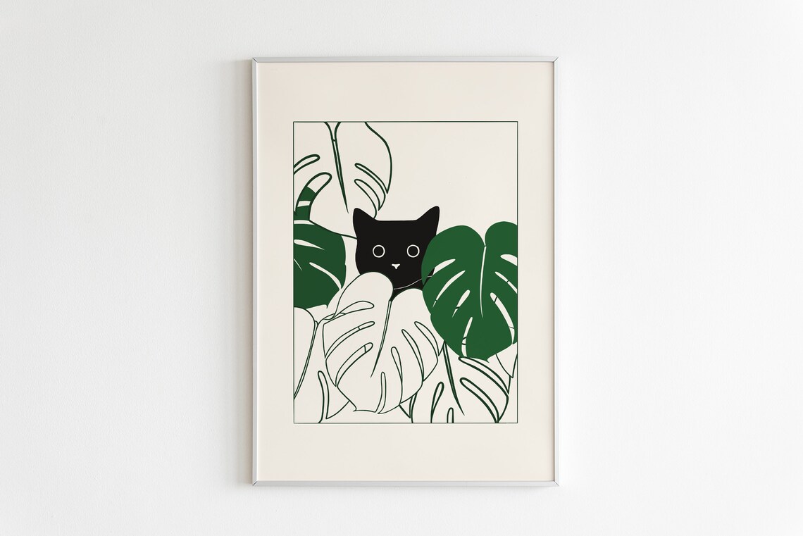 Black Cat With Monstera Art Print