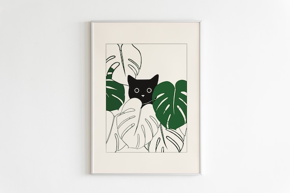 Black Cat With Monstera Art Print