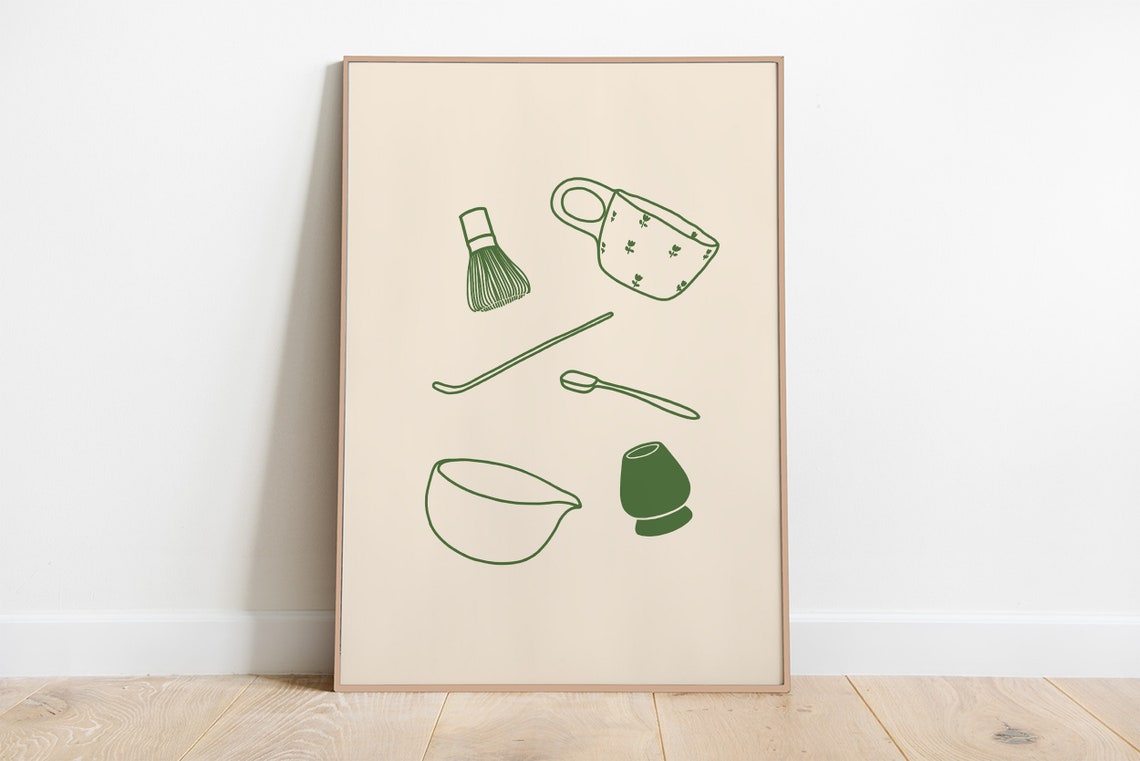 Matcha Green Tea Ceremony Set Minimalist Line Art Kitchen Poster - Image 3