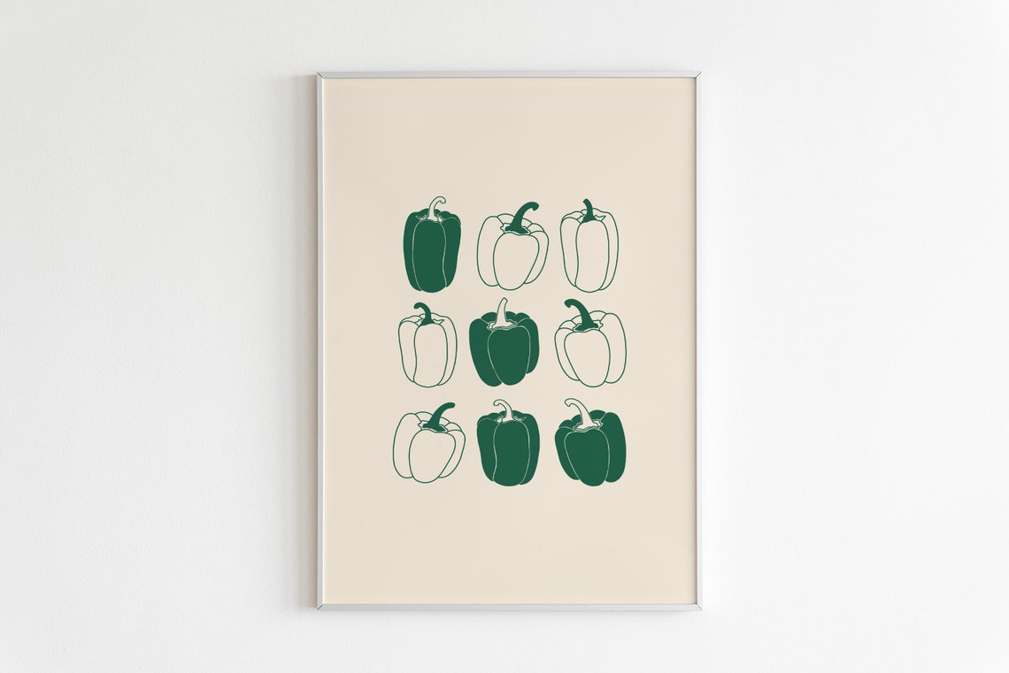 Green Bell Pepper Grid Solid Outline Modern Minimal Kitchen Wall Art