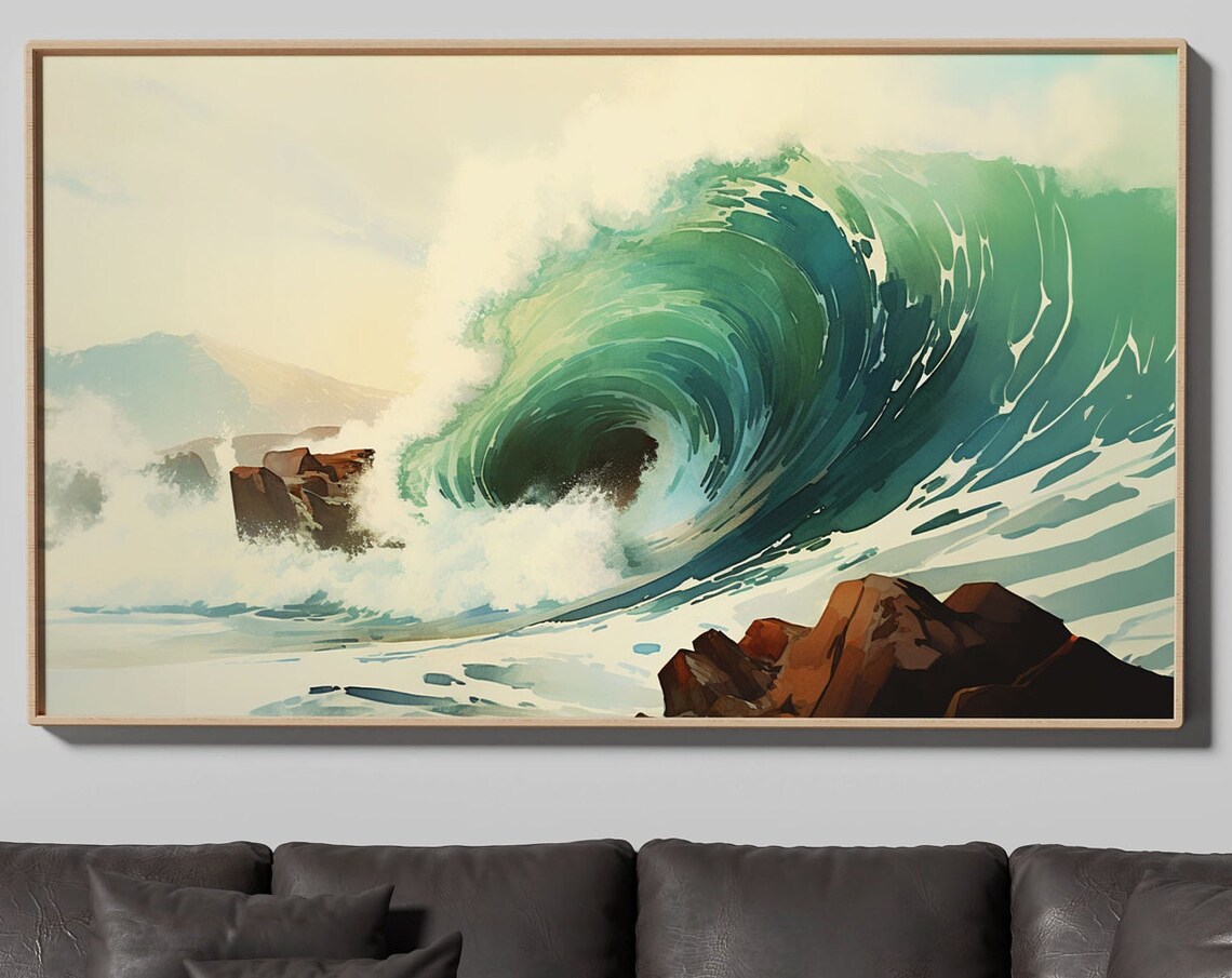 Powerful Emerald Ocean Wave Curling Over Rocks Watercolor Poster