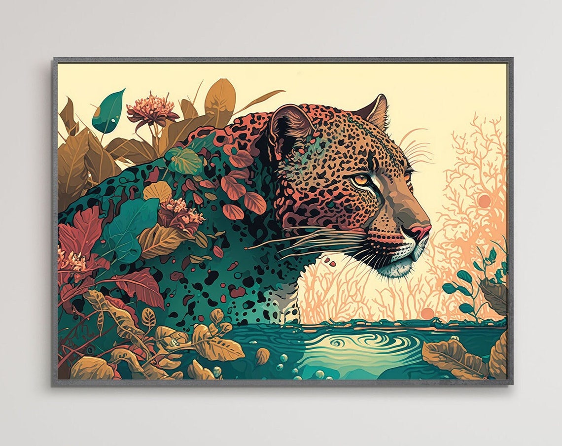 Spotted Jaguar Autumn Leaves Tropical Lagoon Water Wildlife Poster