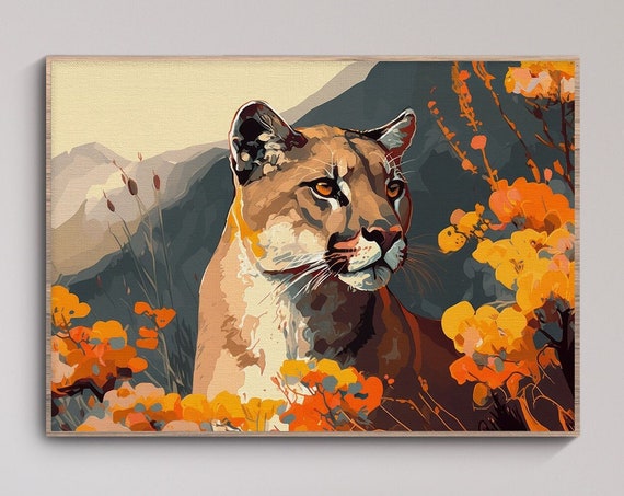 Orange Floral Mountain Lion Desert Poster Art Western Decor Modern Chic