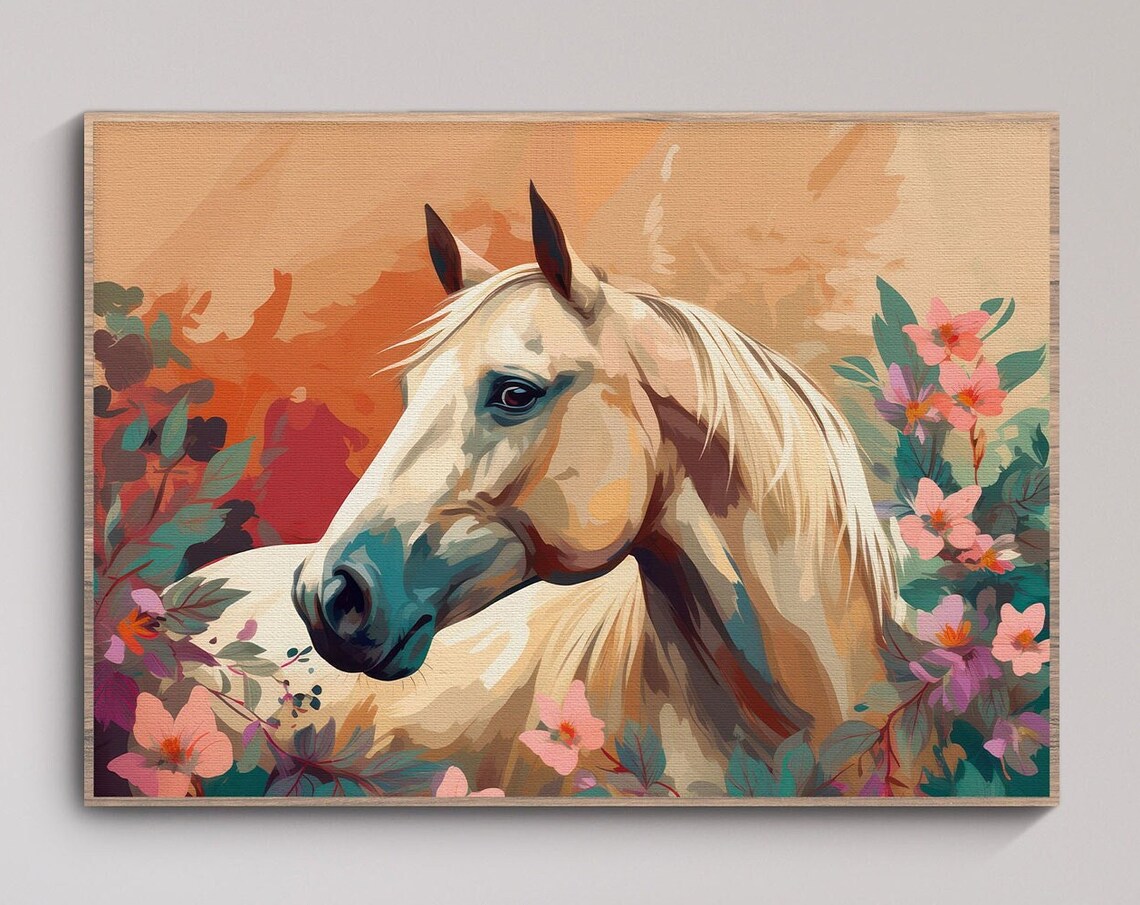 Cream Horse Among Pink Flowers Botanical Equestrian Art Poster