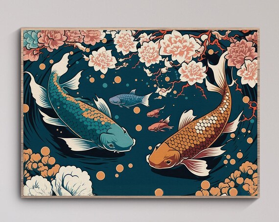 Japanese Koi Art Print Floral Koi Fish Pond Ukiyo Poster Japan Art Japanese Wall Art Fish Poster Birthday Gift Idea Housewarming Sakura
