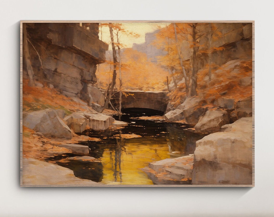 Autumn Gorge Stone Bridge Golden Stream Fall Forest Scenic Wall Art - Image 3