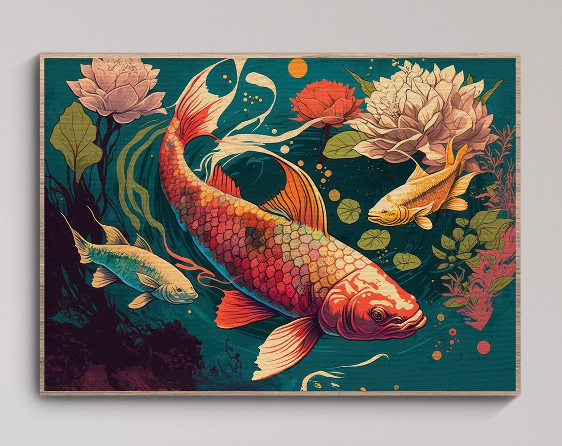 Red Koi Fish With Lotus Flowers Japanese Ukiyo E Style Poster