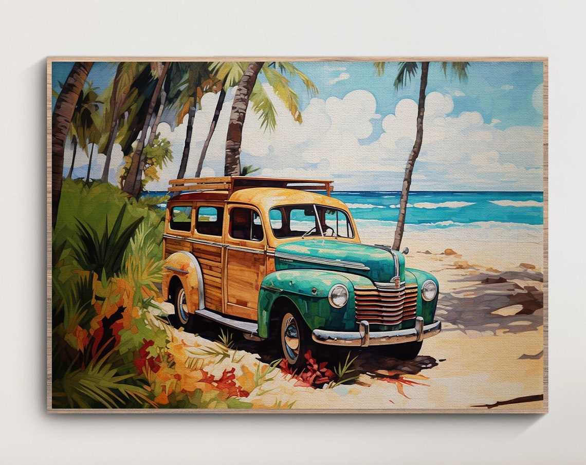 Vintage Turquoise Woodie Wagon Palm Beach Retro Travel Poster - Image 3
