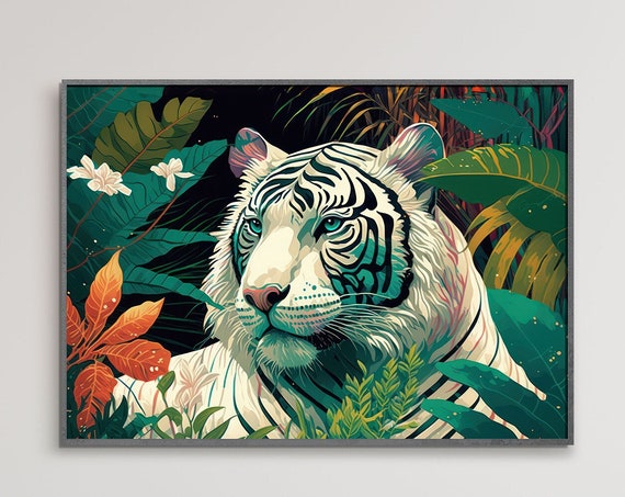 Japanese Floral White Tiger Japanese Poster Art Oriental Jungle Decor Modern Chic