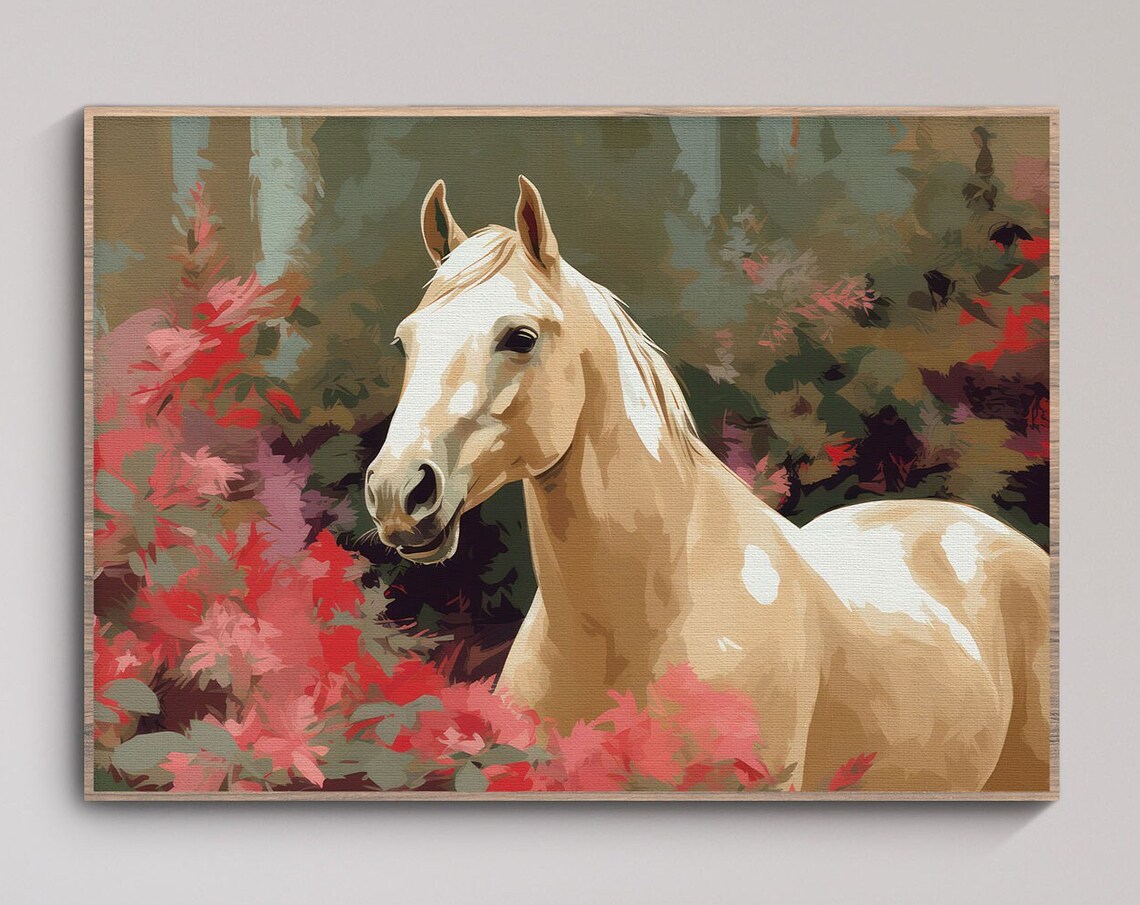 Cream Arabian Horse Portrait Pink Flowers Wild Forest Art Poster - Image 3