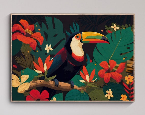 Toucan Rainforest Red Floral Print Jungle Toucan Poster Art Amazon Nursery Decor Modern Chic