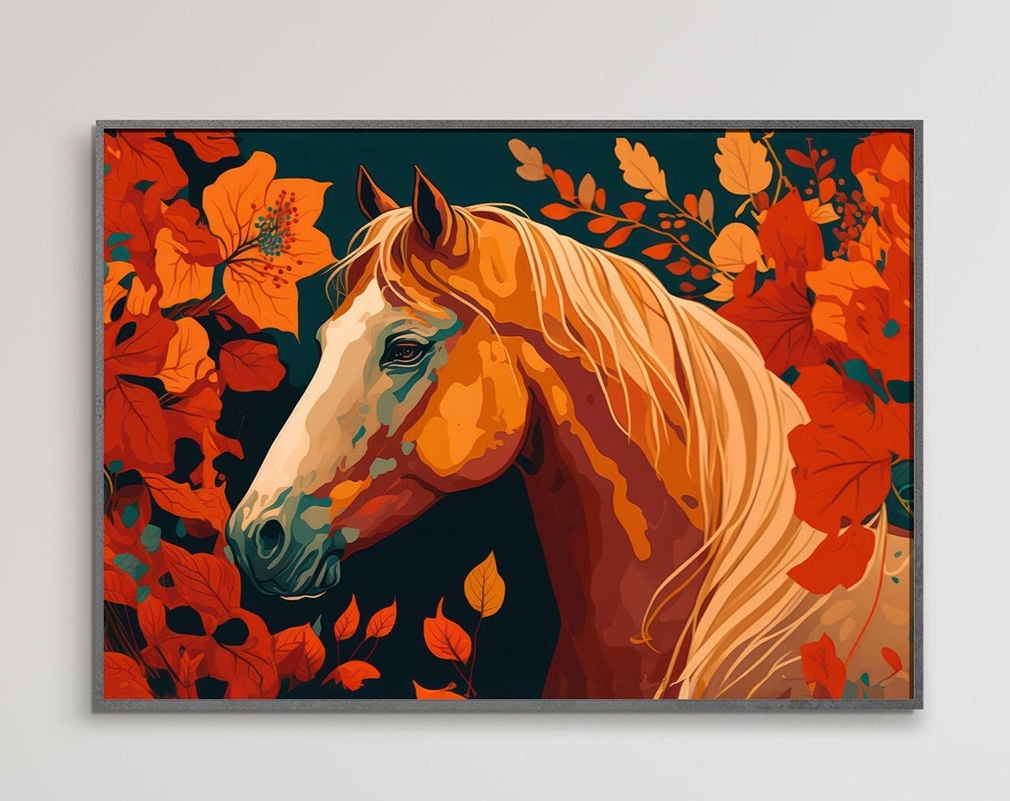 Farmhouse Horse Decor Print Horse Painting Print Horses Portrait In Leaves Farmhouse Art Large Horse Poster