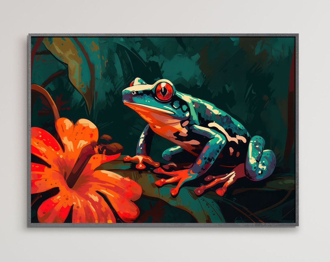Red Eyed Tree Frog Perched by Orange Blossom Jungle Art Poster - Image 4