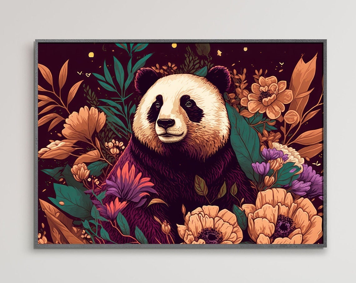 Giant Panda Amid Golden Florals Modern Botanical Illustration Poster
