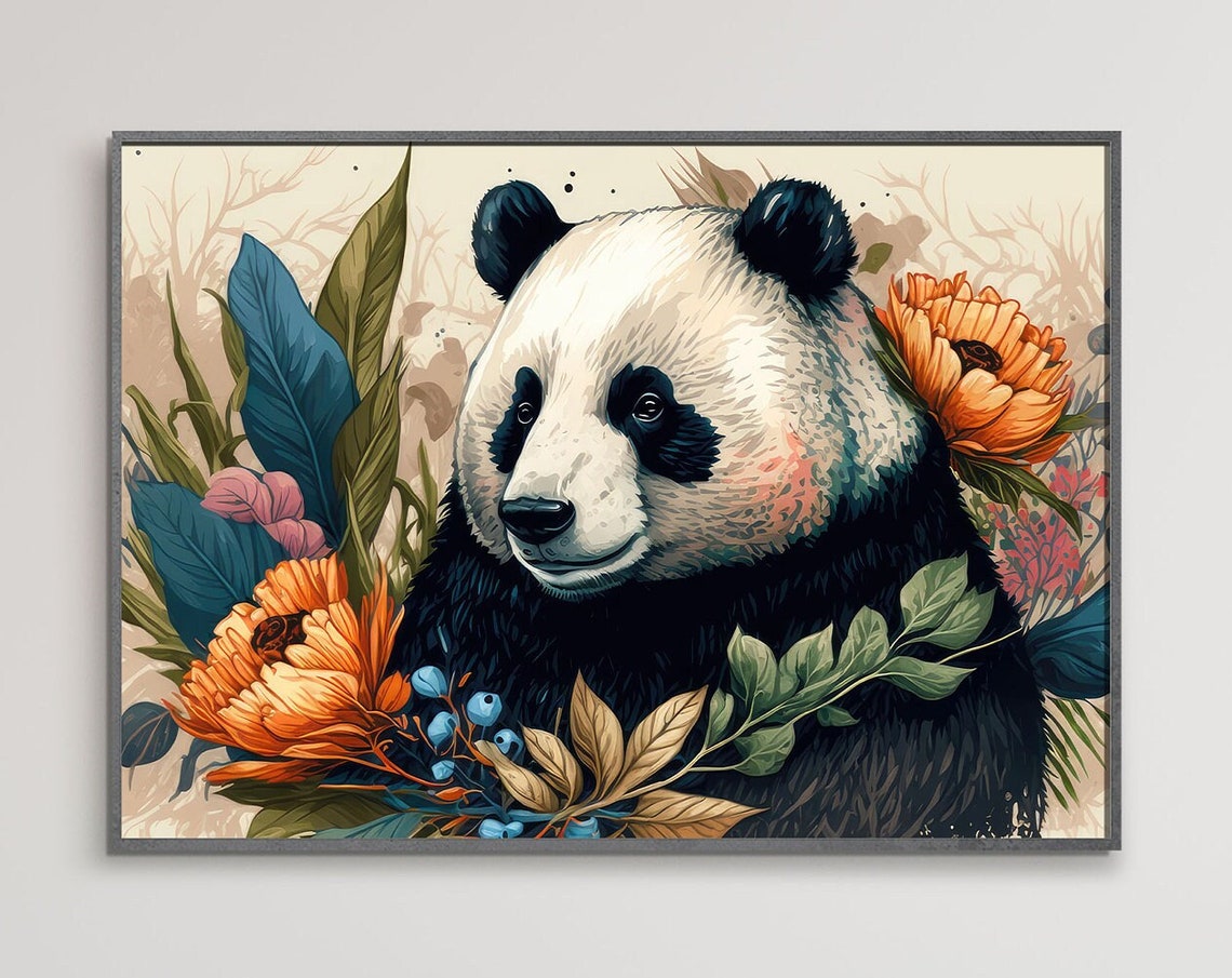 Giant Panda Bear Floral Botanical Modern Jungle Wildlife Poster
