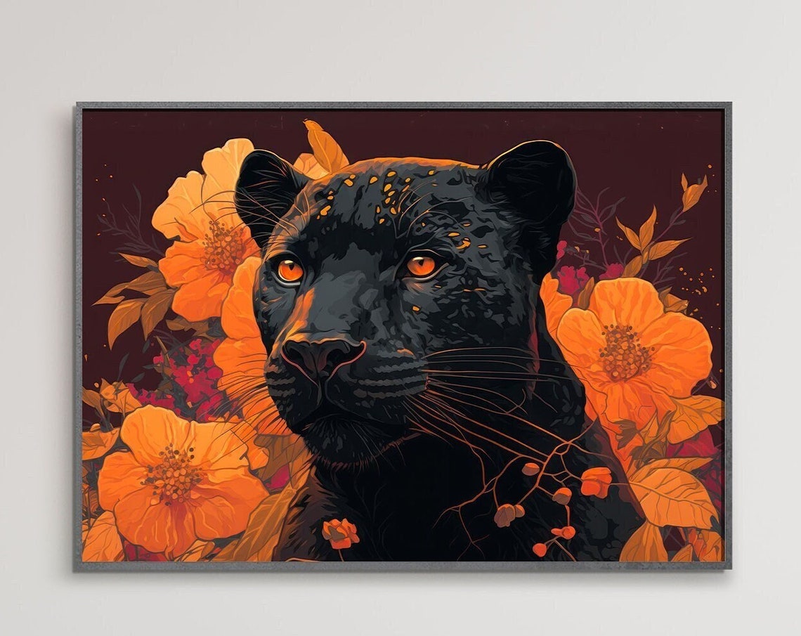 Black Panther Orange Blossoms Dark Botanical Wildlife Poster