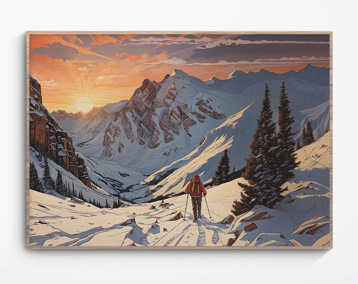 Lone Skier Climbing Snowy Ridges Glowing Sunrise Peaks Poster