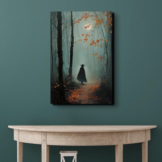Witch Silhouette in Misty Autumn Forest Under Moonlight Poster