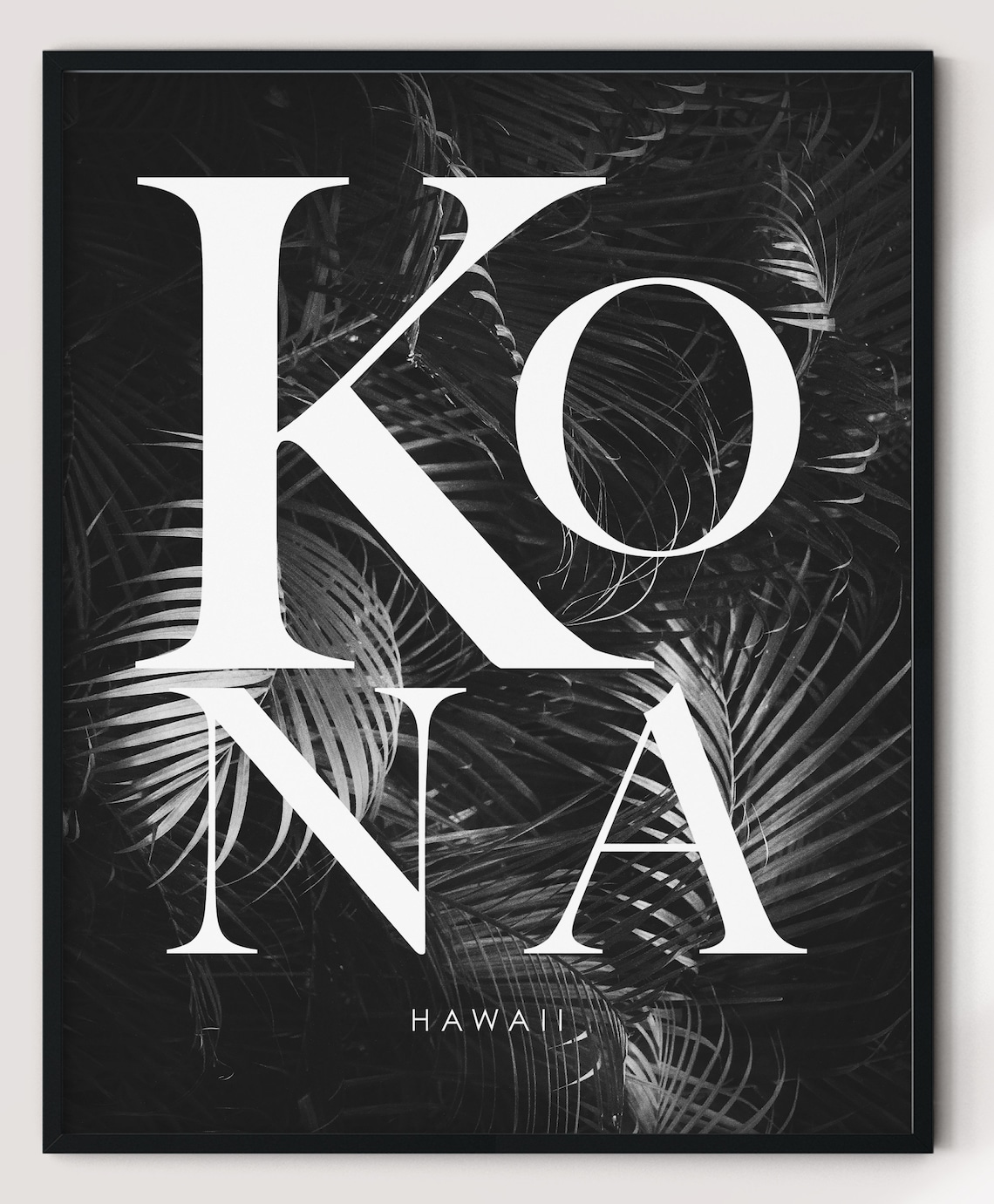Kona Hawaii Black White Palm Fronds Serif Typography Travel Poster - Image 3