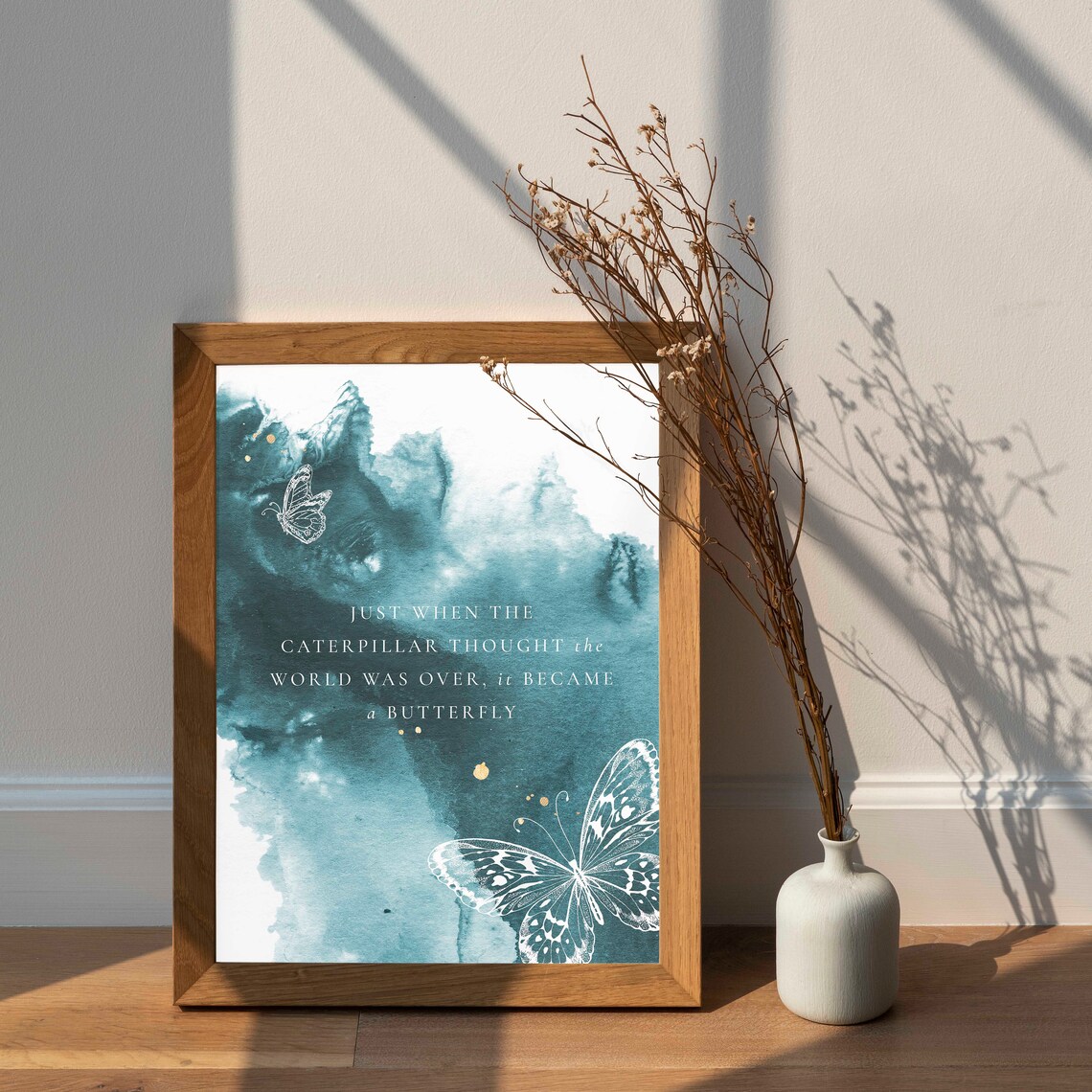 Caterpillar To Butterfly Transformation Teal Watercolor Inspirational Poster - Image 2
