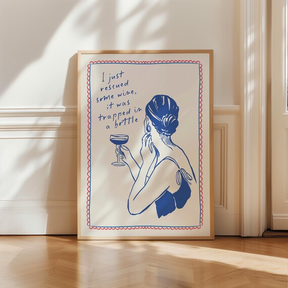 Funny Wine Rescue Quote Blue Line Art Woman Kitchen Wall Art Print