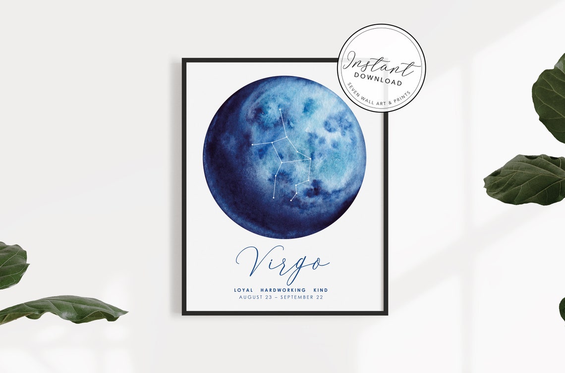Virgo Zodiac Constellation Blue Moon Watercolor Star Sign Wall Art