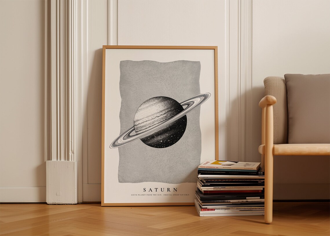 Saturn Planet Rings Illustration Poster Black White Space Solar System Wall Art - Image 3