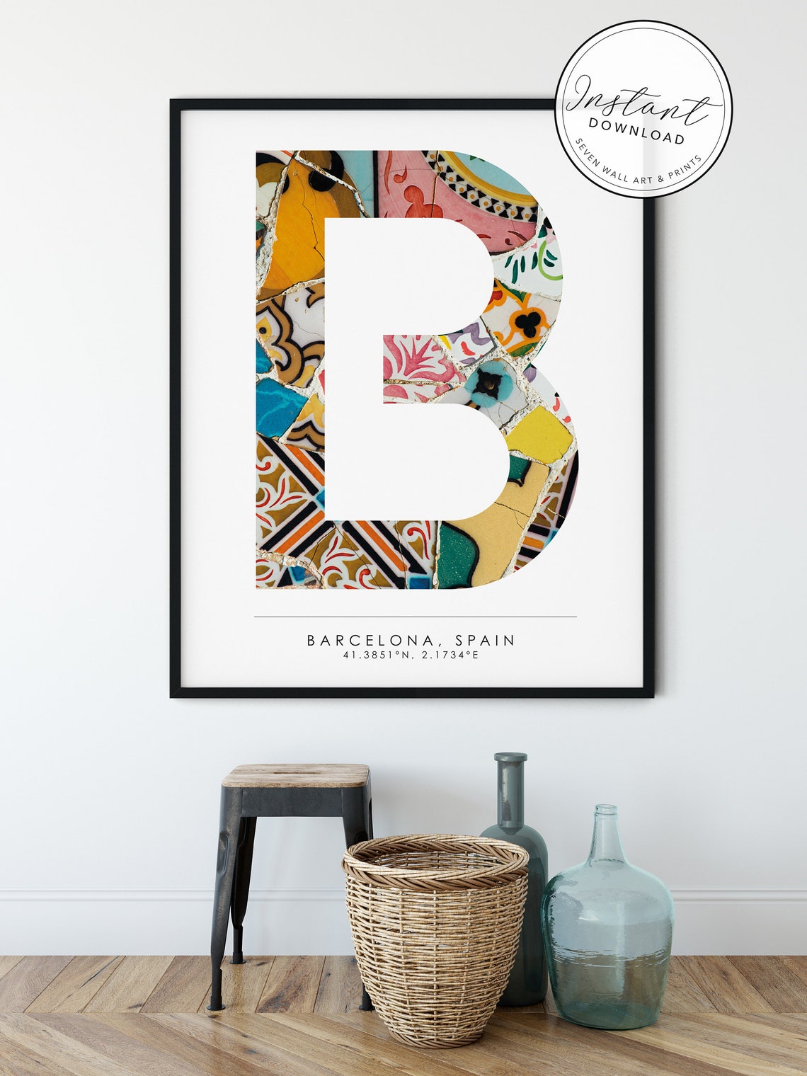 Barcelona Spain Mosaic Tile Letter B Coordinates City Travel Poster - Image 5