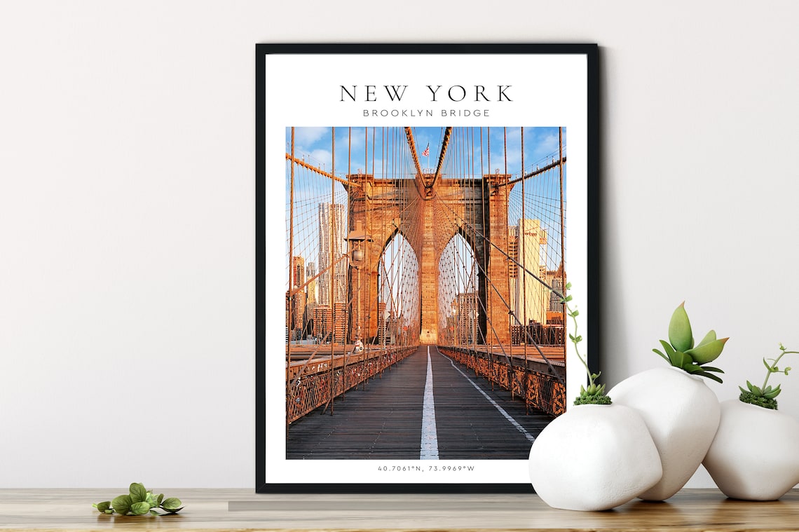 New York Brooklyn Bridge Walkway Sunset Cables Skyline Poster