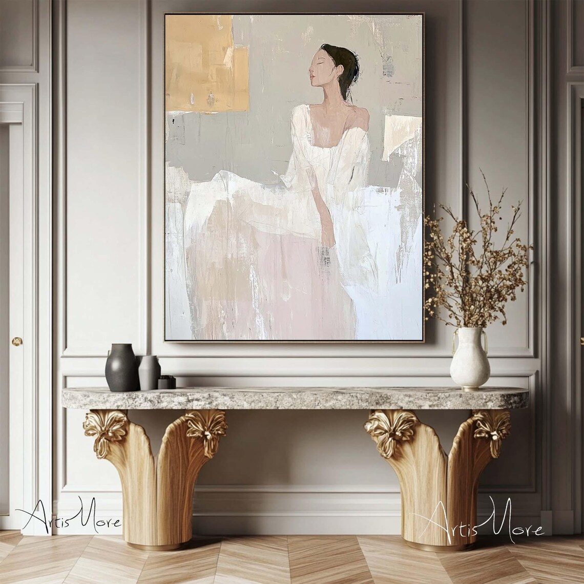 Elegant Woman White Dress Profile Neutral Beige Modern Figure Painting Wall Art - Image 3