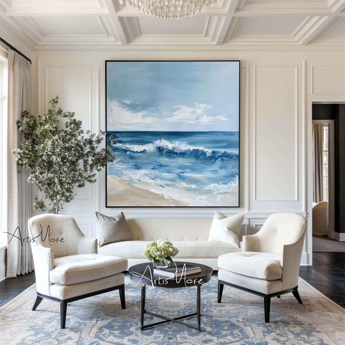 Blue Ocean Waves Beach Painting Foamy Surf Coastal Abstract Wall Art - Image 2