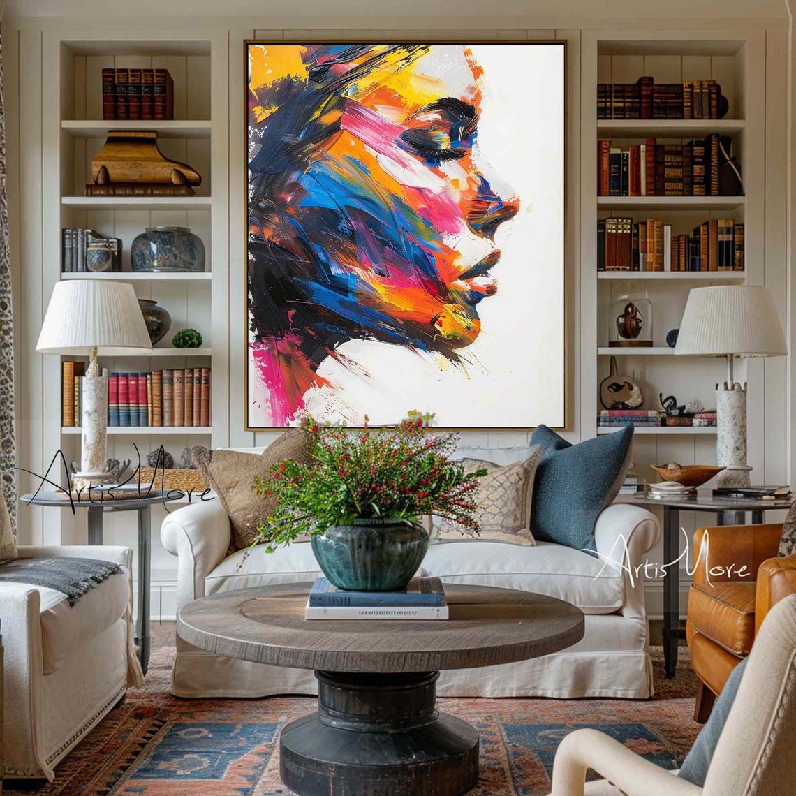 Colorful Woman Face Wall Art Large Abstract Figure Painting Modern 3d Texture Painting Colorful Knife Texture Art Female Portrait Painting - Image 3
