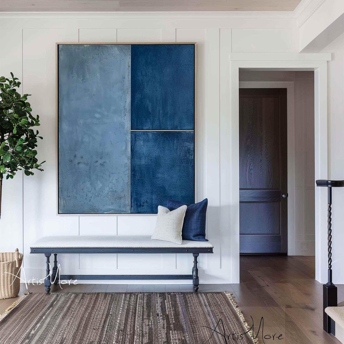Blue Minimalist Block Abstract Painting Two Tone Navy Texture Wall Art - Image 5